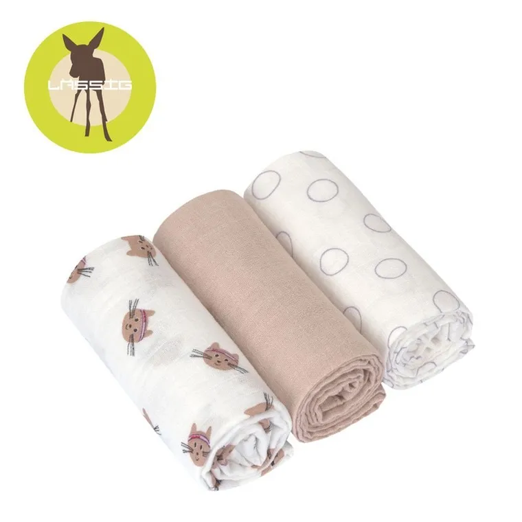 Lassig, Tiny Team, pieluszka muślinowa, otulacz z biobawełny, kotek, 60-60cm, 3 szt.