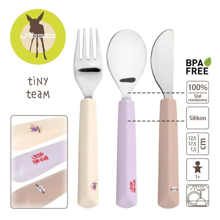 Lassig, Tiny Team, zestaw sztućców ze stali nierdzewnej z silikonową rączką, kotek, 3 szt.