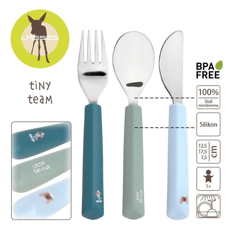 Lassig, Tiny Team, zestaw sztućców ze stali nierdzewnej z silikonową rączką, piesek, 3 szt.