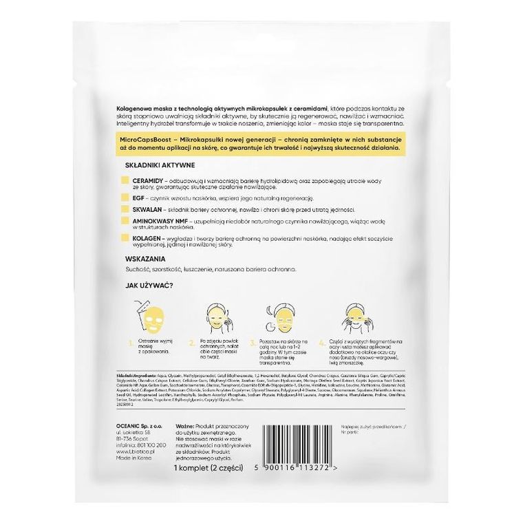 L'biotica, maska kolagenowa z ceramidami w mikrokapsułkach, regeneracja i nawilżenie, 1 szt.