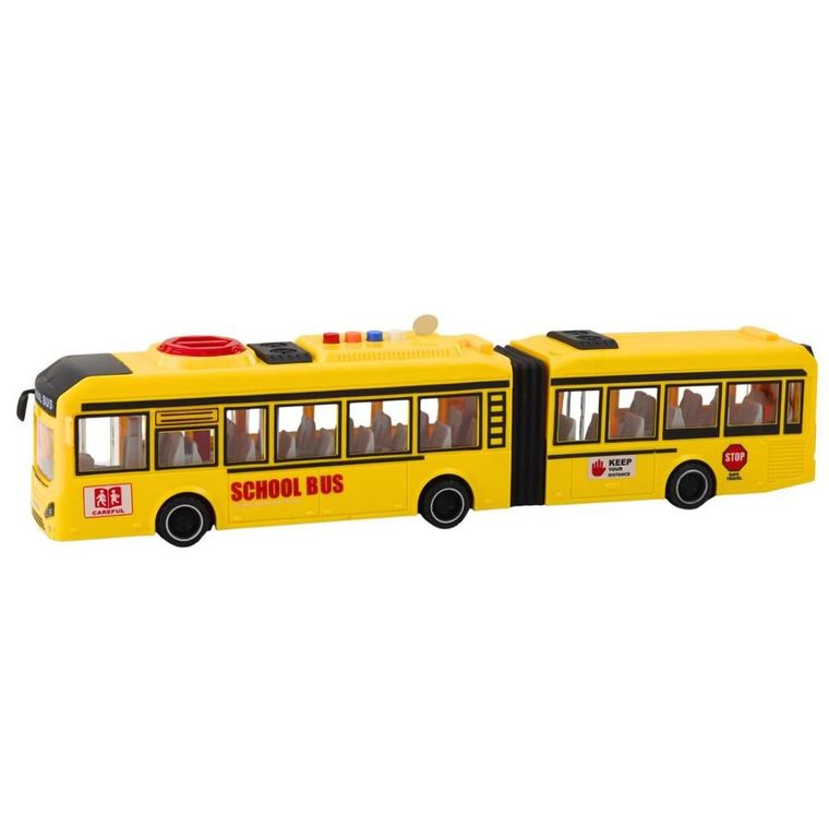 Lean Toys, autobus szkolny przegubowy z otwieranymi drzwiami, pojazd interaktywny, żółty, 1:16