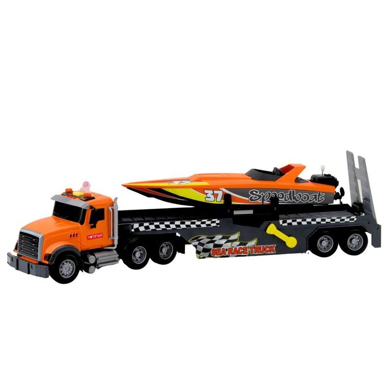 Lean Toys, ciężarówka z nakręcaną motorówką, pojazd interaktywny, pomarańczowa