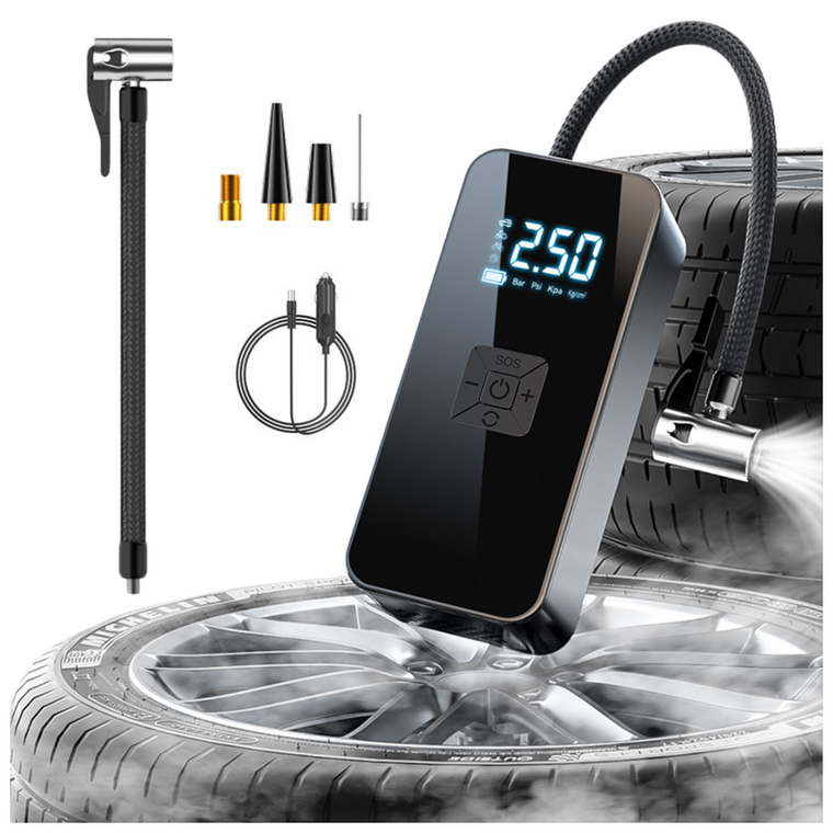 Lean Toys, elektryczny mini kompresor, przenośny, latarka, LED, 3 końcówki