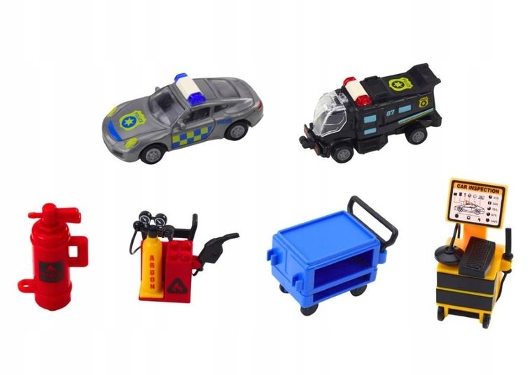 Lean Toys, garaż policyjny, interaktywny zestaw pojazdów w walizce