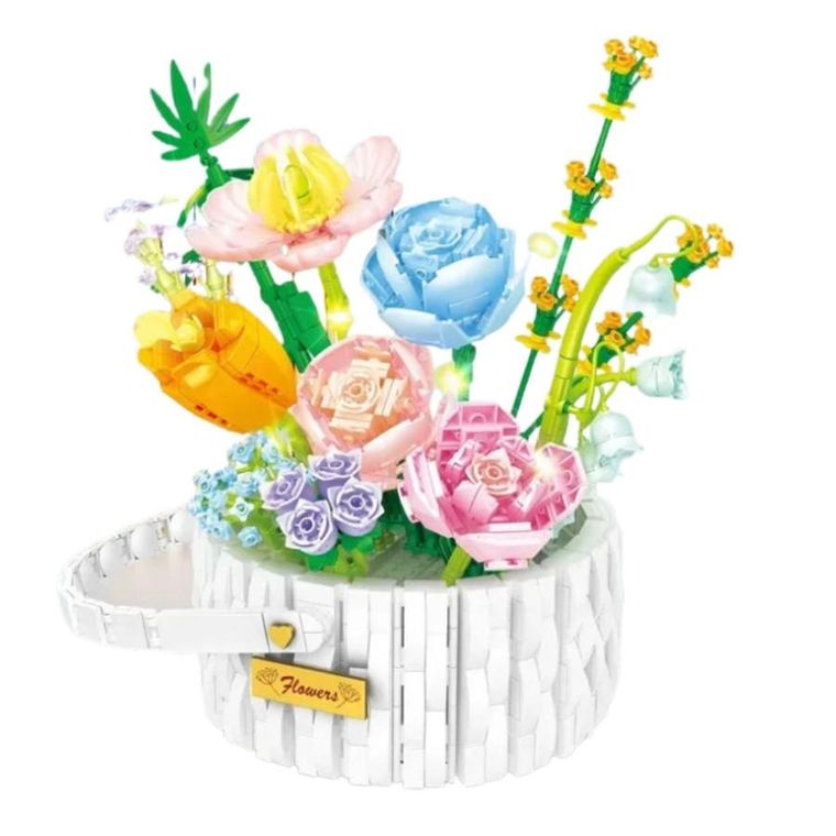 Lean Toys, klocki konstrukcyjne, Kompozycja Kwiatowa w Koszyku Światła LED, 1376 elementów