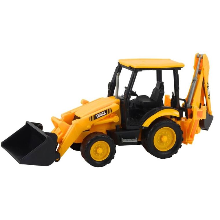 Lean Toys, koparka z dwiema łyżkami, pojazd budowlany, żółty