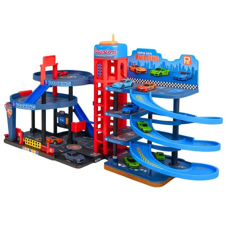 Lean Toys, parking 4 poziomowy ze zjeżdżalnią i pojazdami, resoraki, 8 szt.