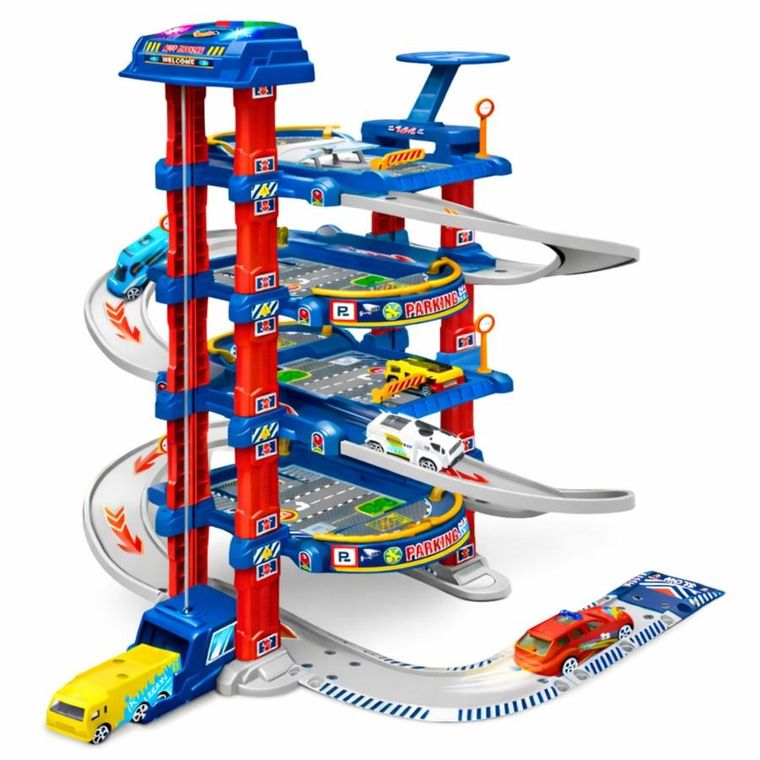 Lean Toys, parking z windą i zjeżdżalnią dla autek, zestaw z pojazdami, 78 elementów