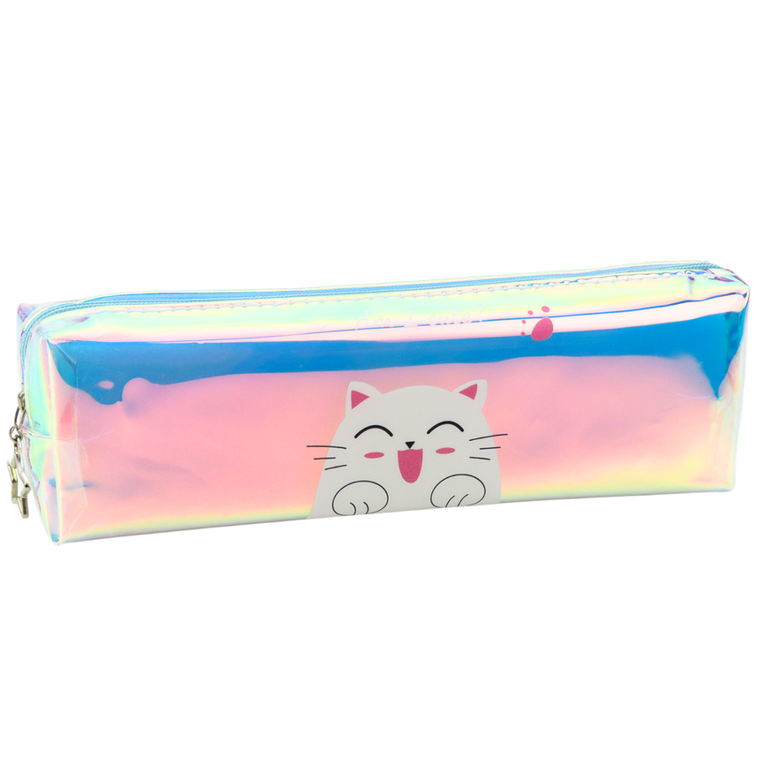 Lean Toys, piórnik saszetka, holograficzny z kotem, niebieski, 21-6 cm
