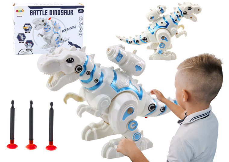 Lean Toys, robot dinozaur z wyrzutnią strzałek światła dźwięki biały