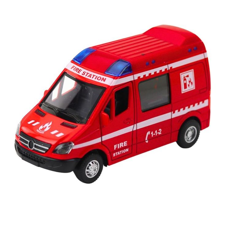 Lean Toys, samochód strażacki, metalowy pojazd z napędem pull back, czerwony, 1:32
