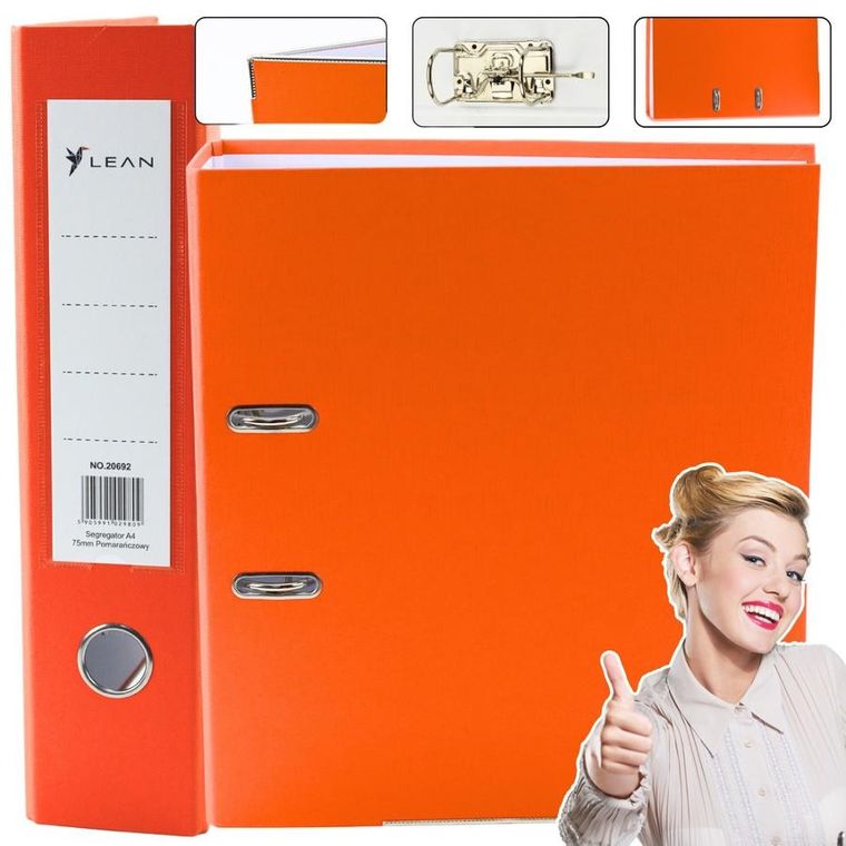 Lean Toys, segregator A4, 75 mm, pomarańczowy