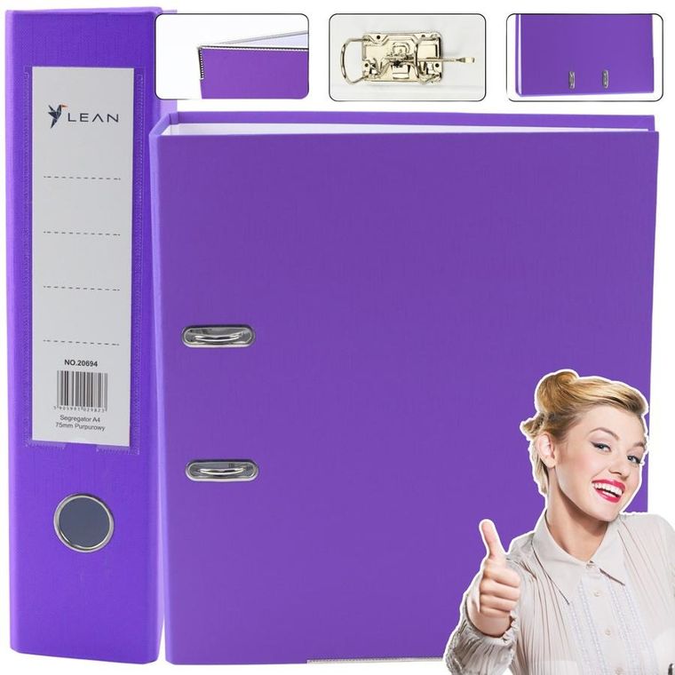Lean Toys, segregator A4, 75 mm, purpurowy