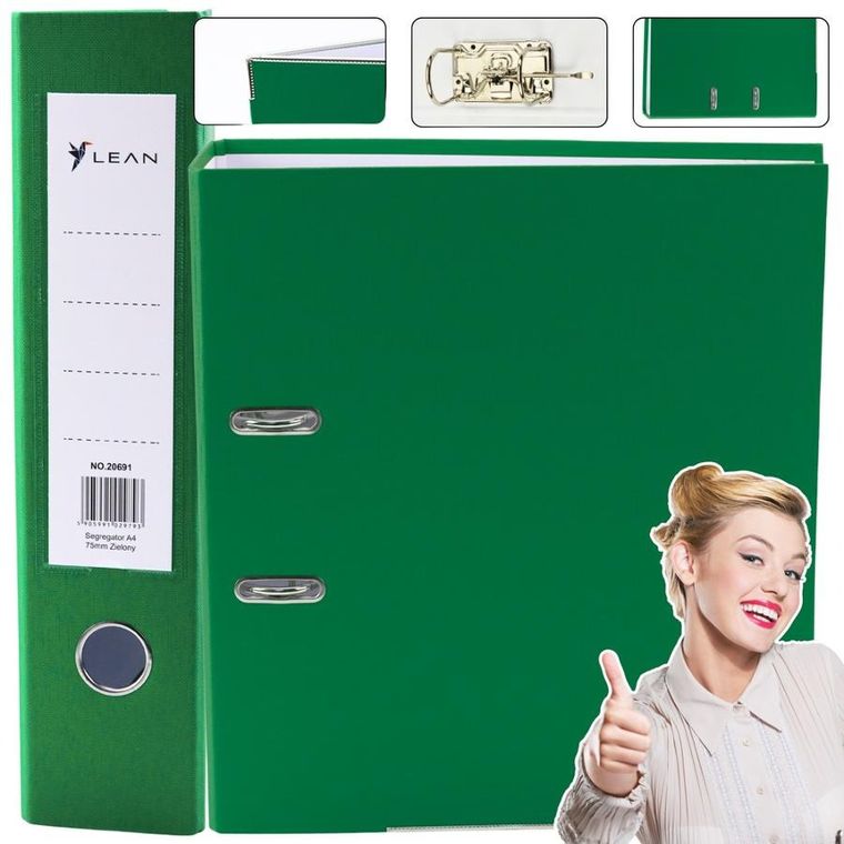 Lean Toys, segregator A4, 75 mm, zielony