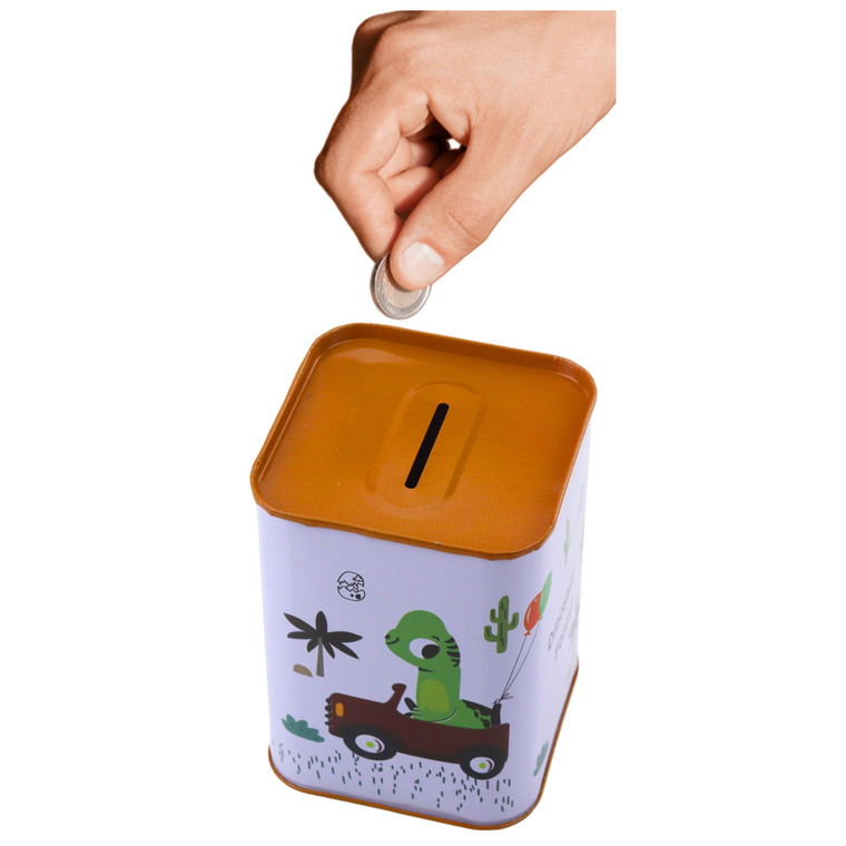 Lean Toys, skarbonka metalowa, dinozaur w samochodzie, 11-8 cm, 1 szt.