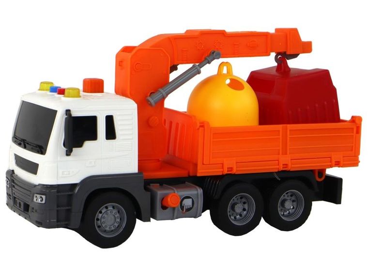 Lean Toys, śmieciarka z dźwigiem, pojazd z napęd frykcyjnym i dźwiękiem, pomarańczowy, 1:16