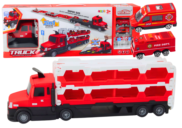 Lean Toys, Tor laweta rozkładana, interaktywny transporter z pojazdami, czerwony