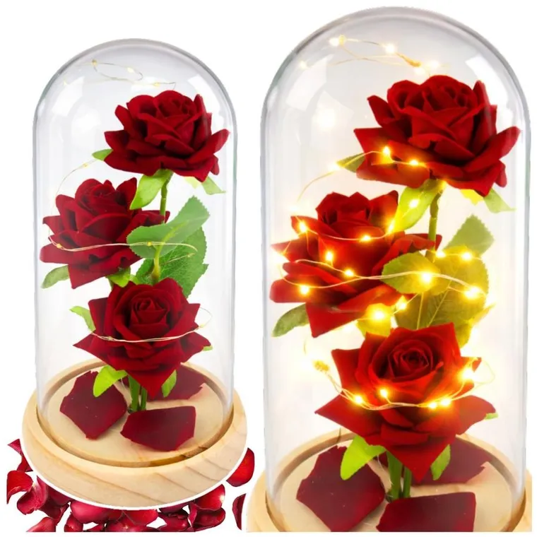 Lean Toys, wieczne róże w szklanej kopule LED, czerwone, 21,5-11 cm