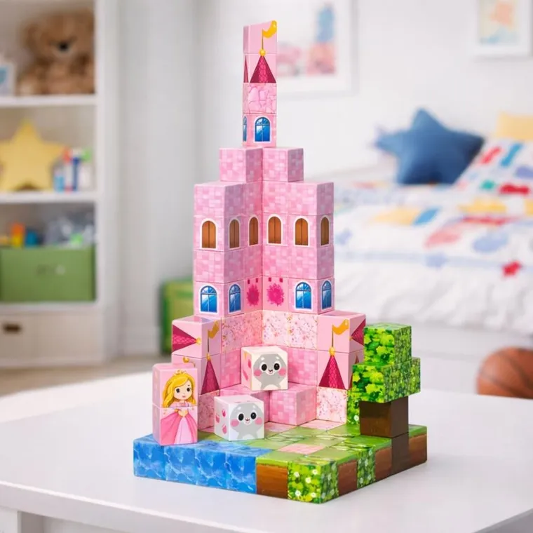 Lean Toys, zamek księżniczki, magnetyczne klocki konstrukcyjne, różowe sześciany piksele, 96 elementów