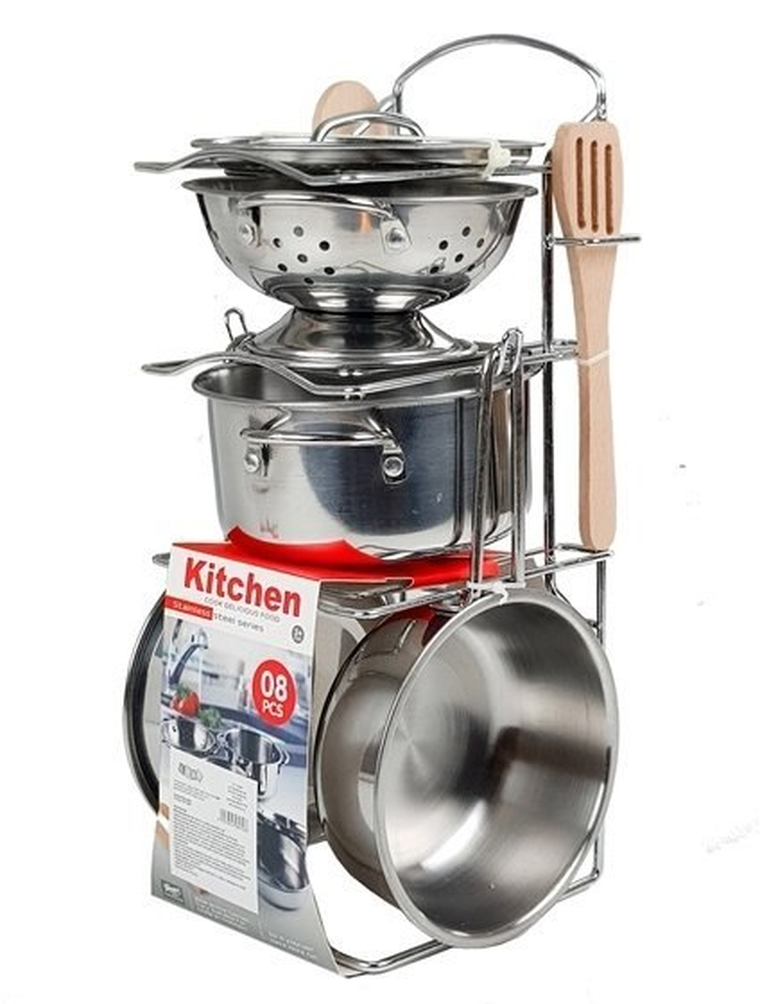 Lean Toys, zestaw garnków i patelni ze stali nierdzewnej, 8 elementów