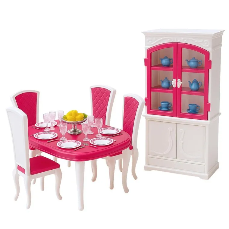 Leantoys, zestaw mebli dla lalek, jadalnia, stół z krzesłami i kredensem