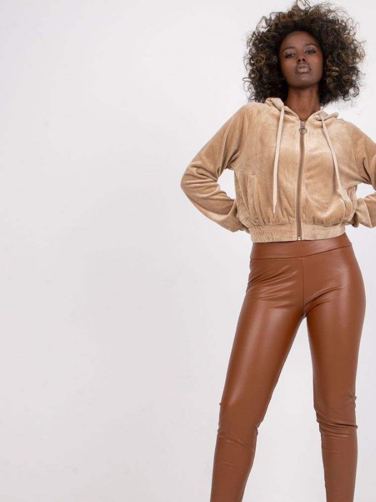 Legginsy damskie, brązowe, ekoskóra, Rue Paris