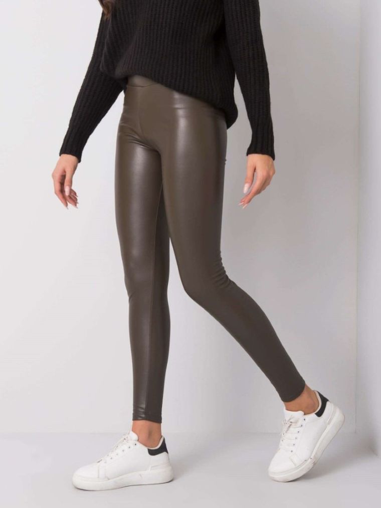 Legginsy damskie, khaki, ekoskóra, Rue Paris