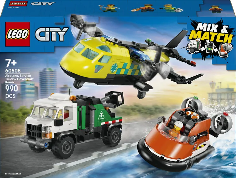 LEGO City, Zestaw z samolotem, ciężarówką serwisową i poduszkowcem, 60505