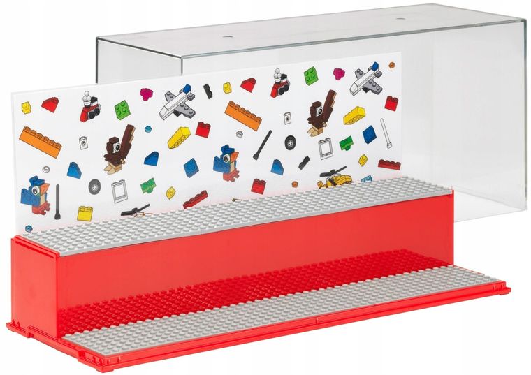 LEGO, duża gablota na klocki i minifigurki, czerwona
