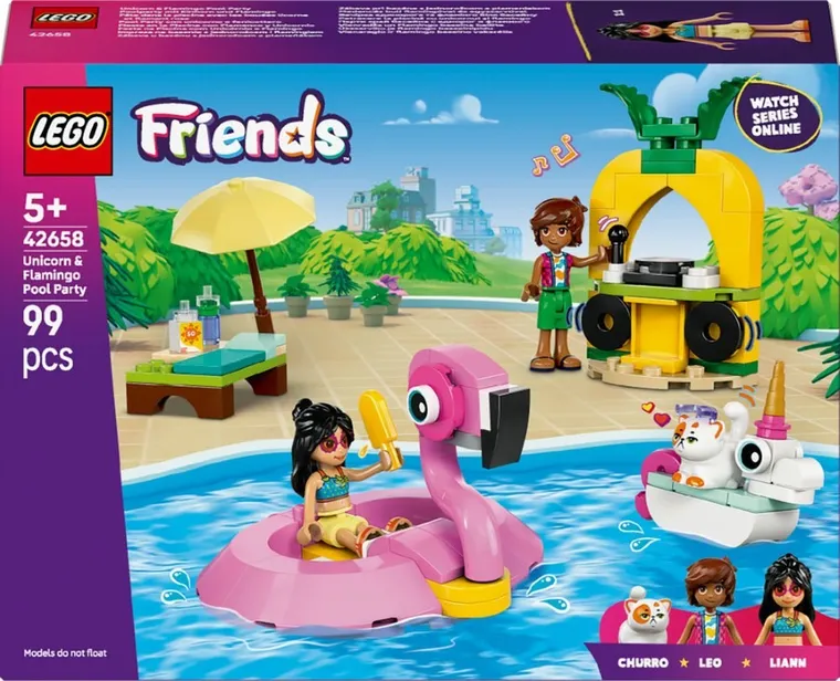 LEGO Friends, Impreza na basenie z jednorożcem i flamingiem, 42658