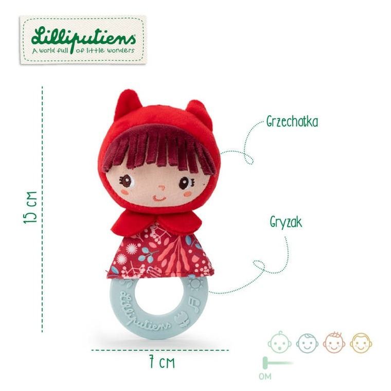 Lilliputiens, Czerwony Kapturek, grzechotka z silikonowym gryzakiem, 0m+