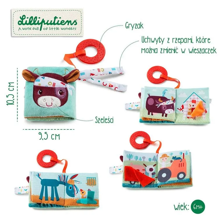 Lilliputiens, Farma, mini-książeczka wielofunkcyjna z szeleszczącą folią i gryzakiem, 6m+