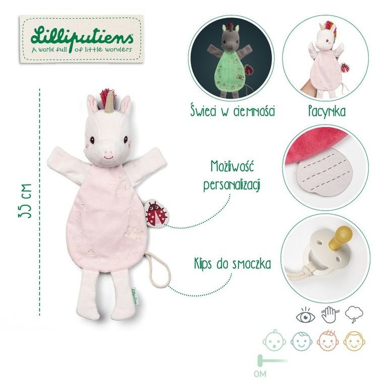 Lilliputiens, Jednorożec Lena, maskotka, komforter, pacynka świecąca w ciemności, 0m+