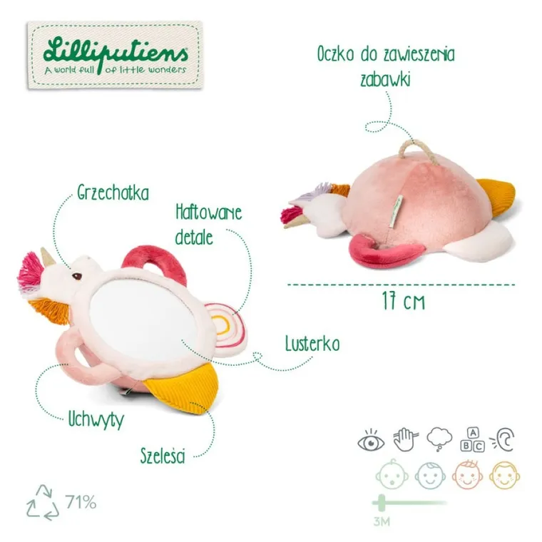 Lilliputiens, Jednorożec Lena, zabawka sensoryczna z lusterkiem i uchwytami, 3m+