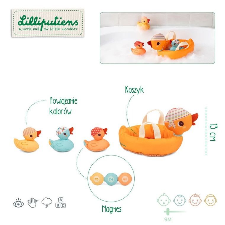 Lilliputiens, Kaczka i 3 magnetyczne kaczątka, zestaw do kąpieli, 9m+