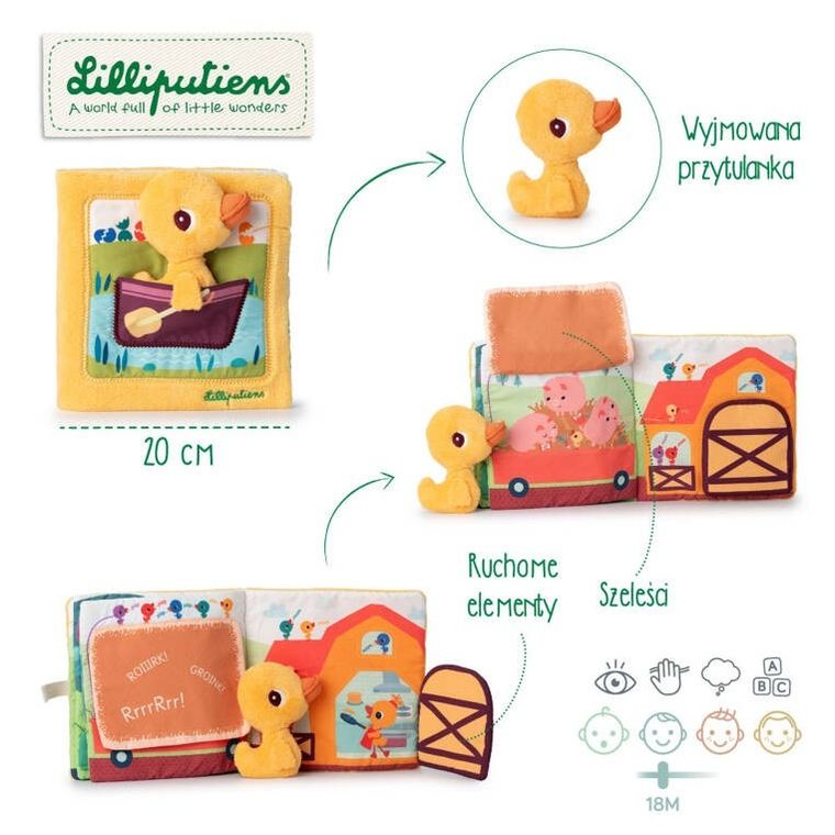 Lilliputiens, Kaczorek Gaspard, Na farmie, książeczka aktywizująca z mini-maskotką, 18m+
