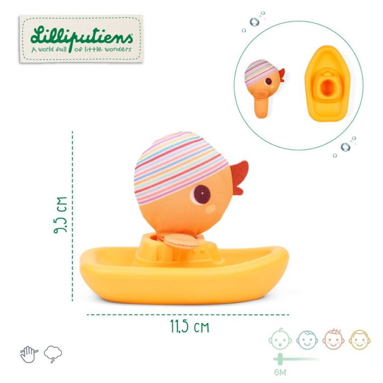 Lilliputiens, Kaczorek Gaspard, zabawka do kąpieli, łódeczka z przytulanką, 6m+