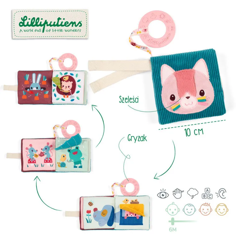 Lilliputiens, Kotka Jeanne, mini-książeczka wielofunkcyjna z szeleszczącą folią i gryzakiem, 6m+