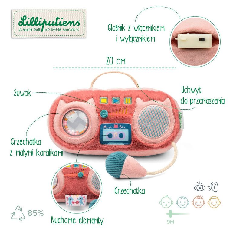 Lilliputiens, Kotka Jeanne, Radio, zabawka sensoryczna, przytulanka, 9m+