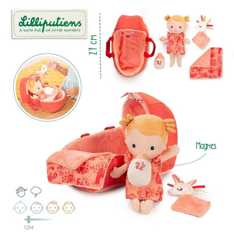 Lilliputiens, Lena, lalka dzidziuś w gondoli z komforterem i butelką mleka