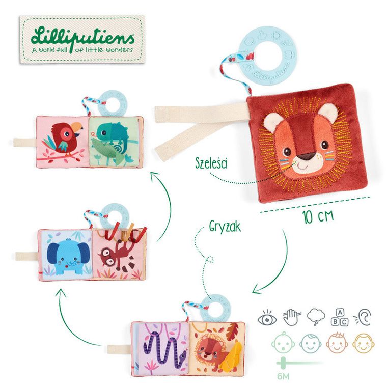 Lilliputiens, Lew Jack, mini-książeczka wielofunkcyjna z szeleszczącą folią i gryzakiem, 6m+