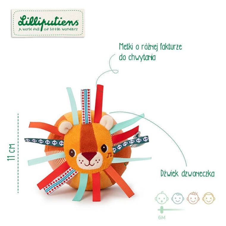 Lilliputiens, Lew Jack, piłeczka sensoryczna z dzwoneczkiem i wypustkami, 6m+