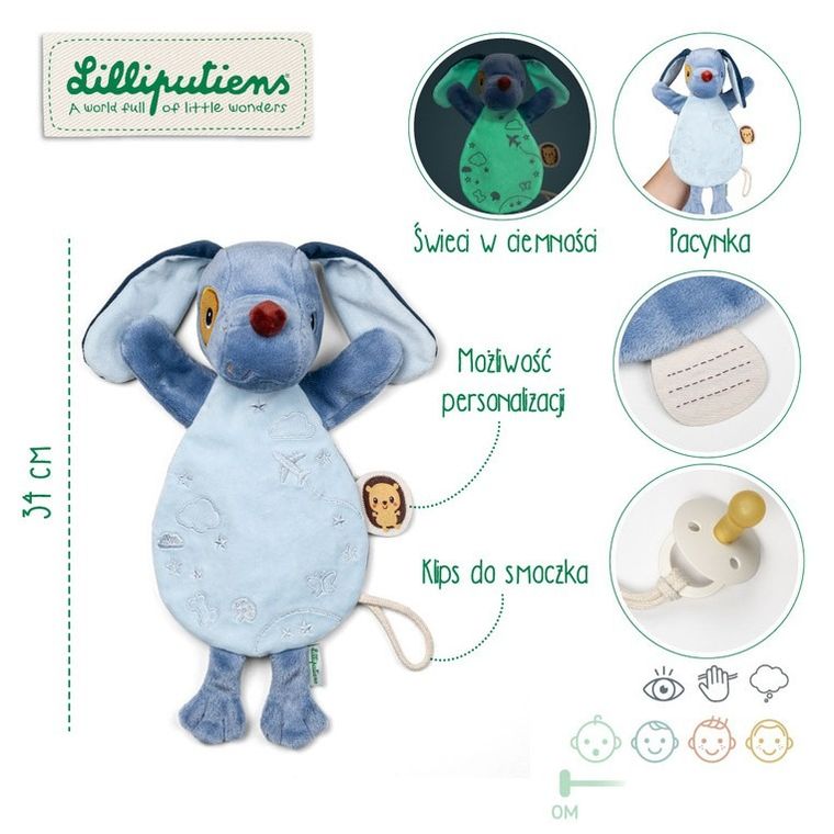 Lilliputiens, Piesek Jules, maskotka, komforter, pacynka świecąca w ciemności, 0m+