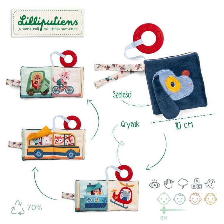 Lilliputiens, Piesek Jules, mini-książeczka wielofunkcyjna z szeleszczącą folią i gryzakiem, 6m+
