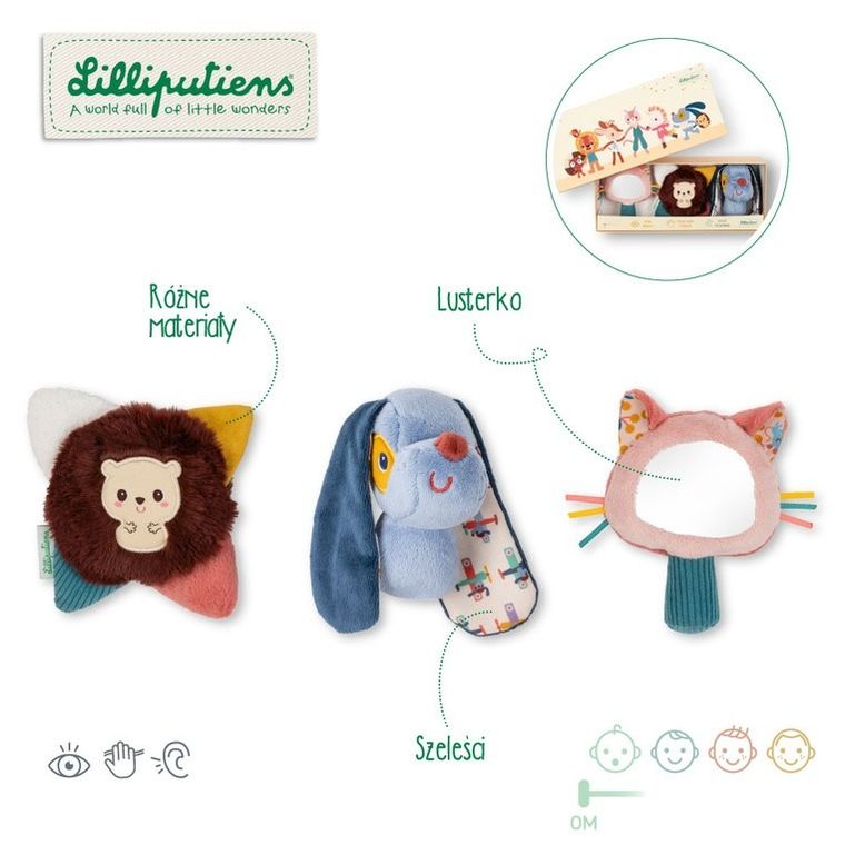 Lilliputiens, Piesek Jules, zestaw rozwijający zmysły, multisensoryczny, 0m+