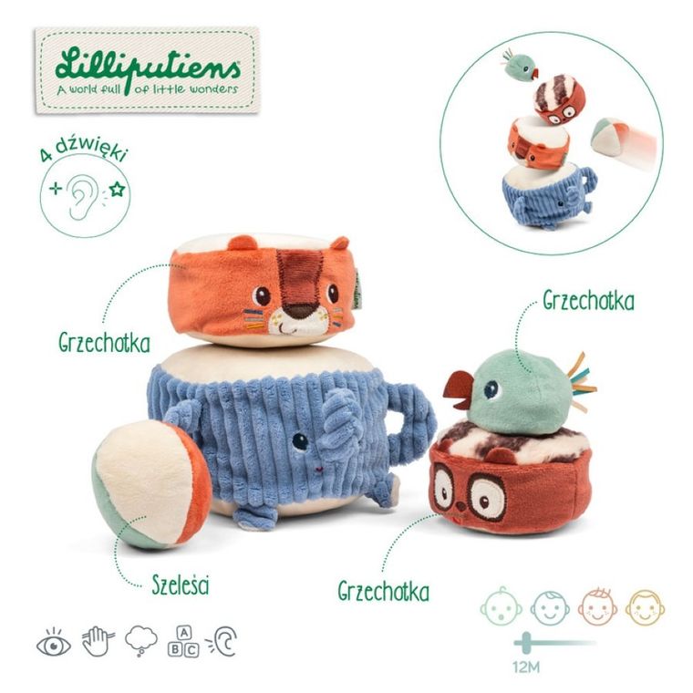 Lilliputiens, piramida sensoryczna z grzechotkami, miękka, zwierzątka, 12m+