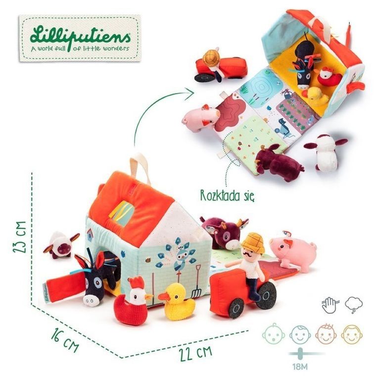 Lilliputiens, rozkładany domek Farma z 6 zwierzątkami, rolnikiem i traktorem, 18 m+