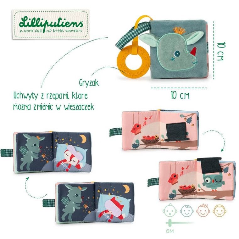 Lilliputiens, Smok Joe, miękka mini-książeczka z silikonowym gryzakiem, 6m+