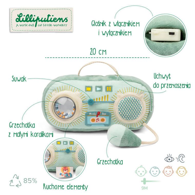 Lilliputiens, Smok Joe, Radio, zabawka sensoryczna, przytulanka, 9m+
