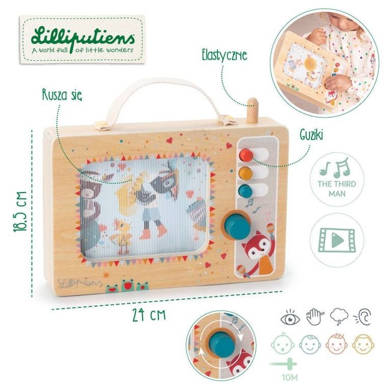 Lilliputiens, Telewizor, drewniana, animowana pozytywka, 10m+